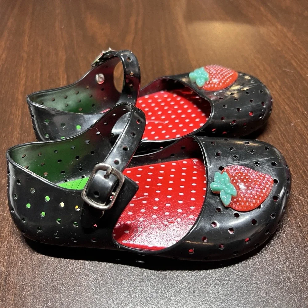 Vtg Happy Jelly Shoes Toddler Girls 9-10 Black Strawberry Mary Jane Y2K Discont.